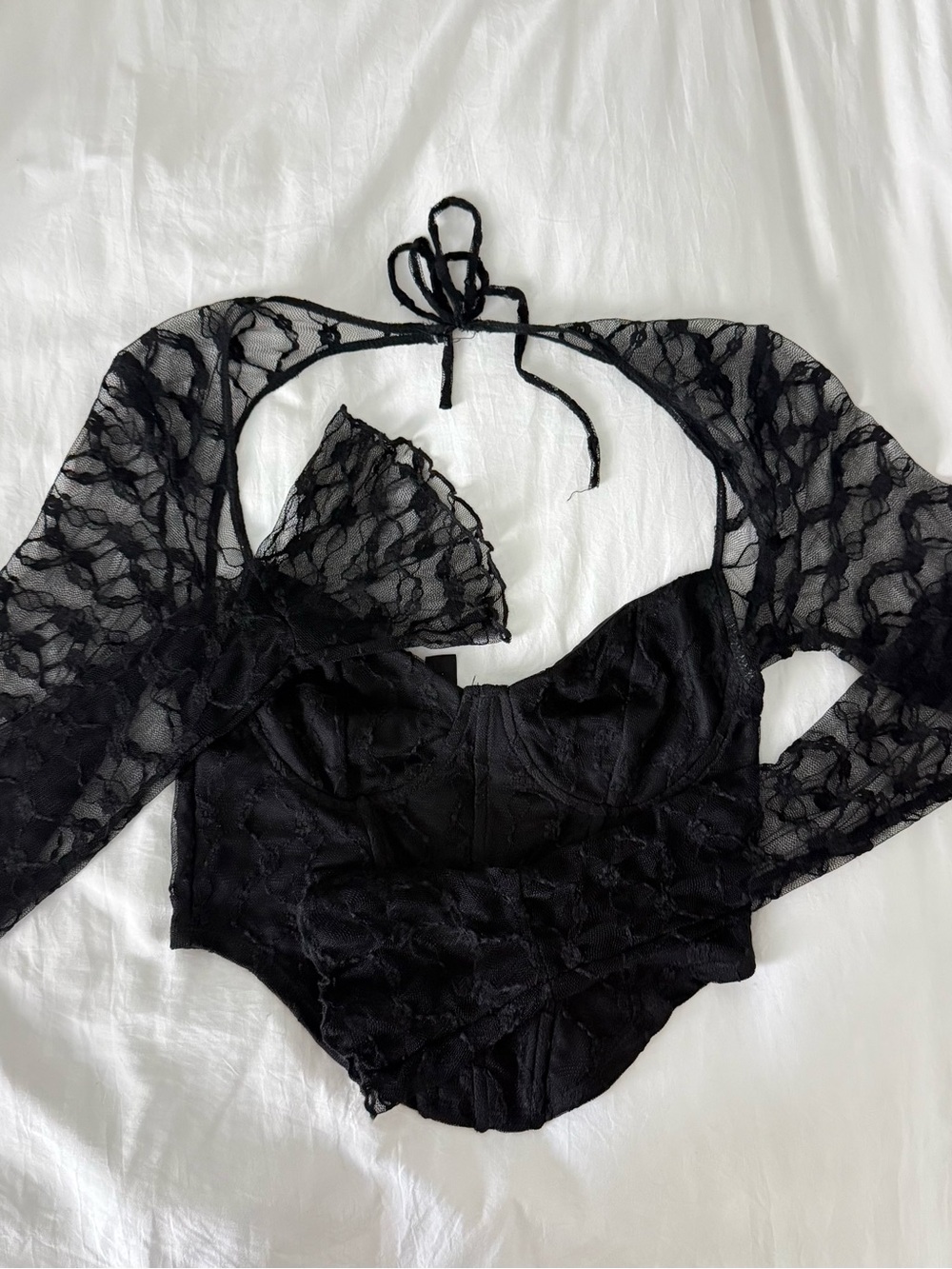 Windsor Black Lace Long-Sleeve Crop Corset Top